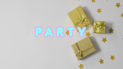 Animation-of-party-text-in-blue-over-gold-wrapped-gifts-and-stars-on-white-background