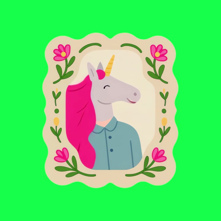 Animated Illustration of a Unicorn Wearing a Shirt in a Floral Frame