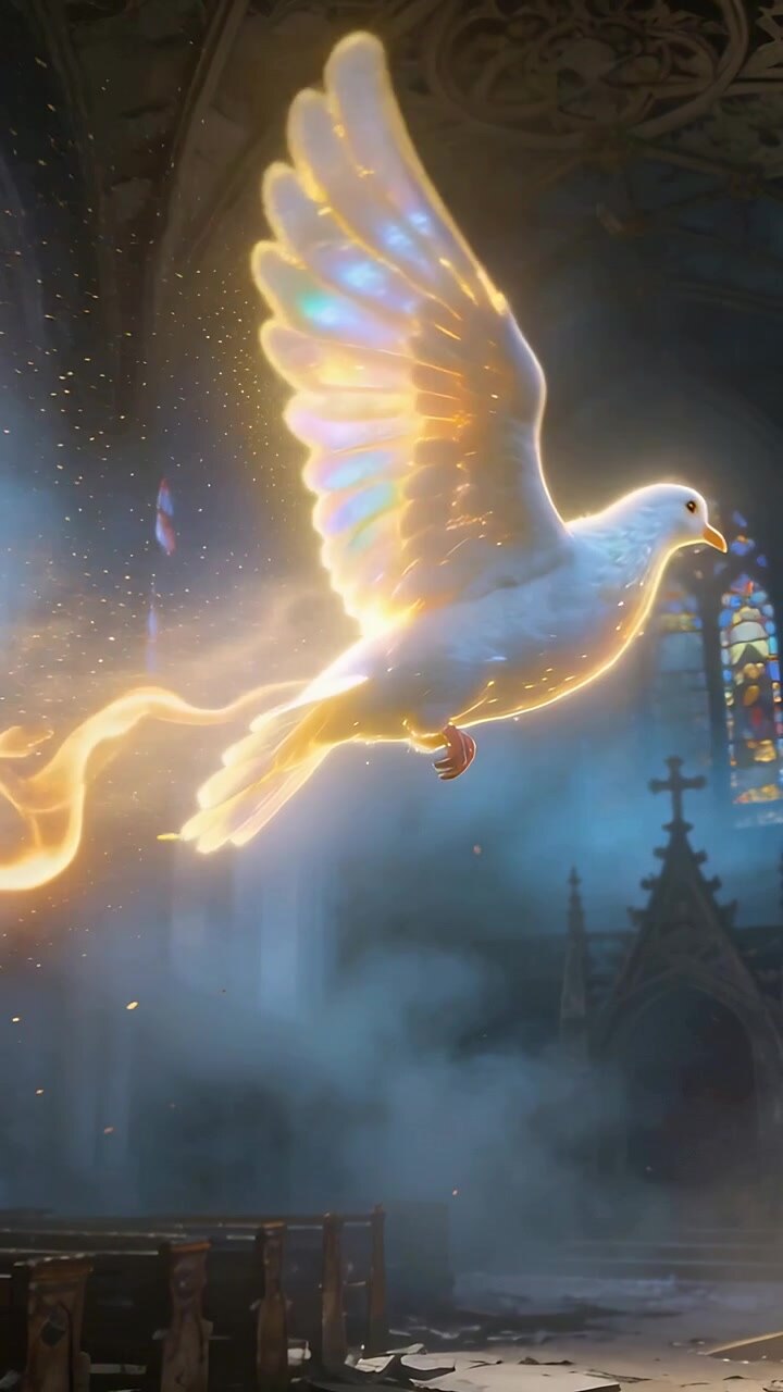 Vertical video: Leaving pews white dove with golden trail rising through nave toward stained cross