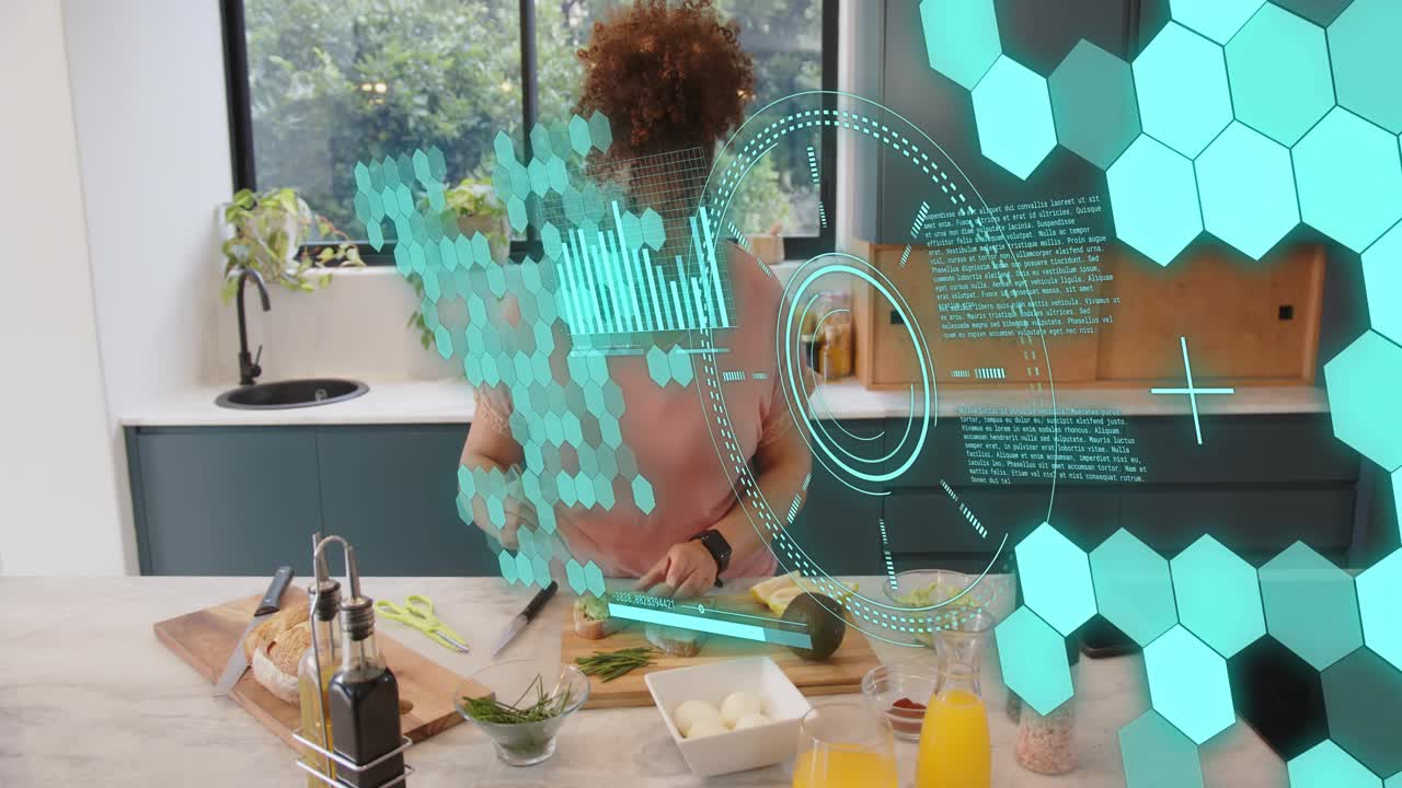 Woman prepping food, slicing avocado and mixing on marble island while turquoise HUD overlays scene