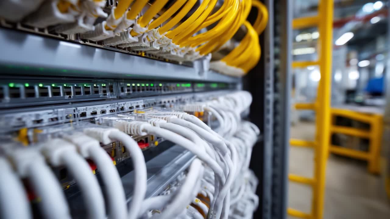 Detailed Overview of a Networking Rack with Colorful Cables and High-Tech Equipment, Showcasing Advanced Infrastructure in a Modern Data Center Environment