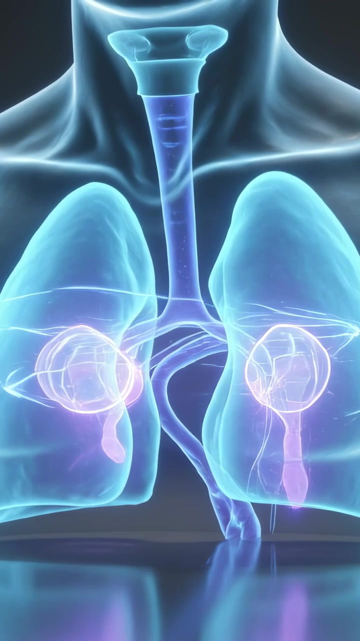 Vertical video: Camera starting 3D view, trachea and bronchi pulsing, highlighting lung nodules