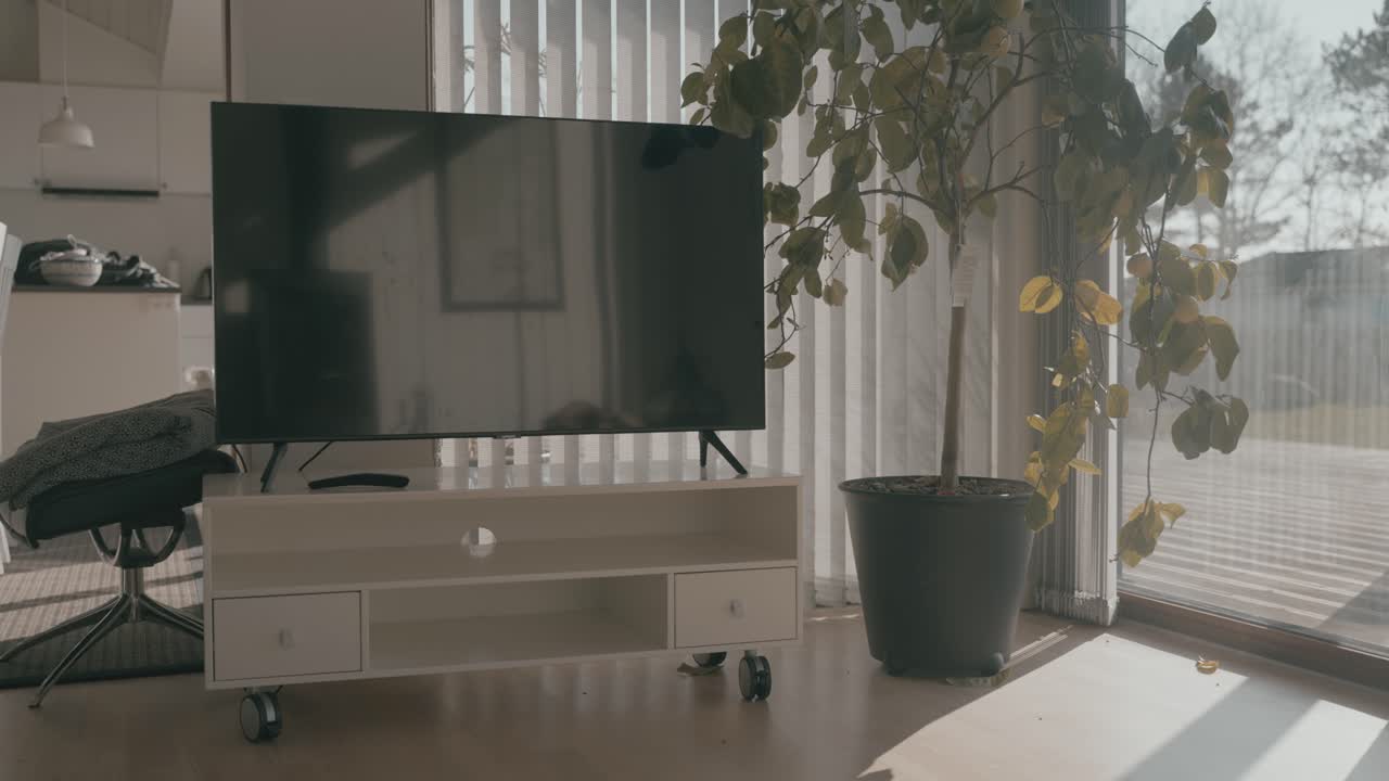 A TV in a living room with warm lights and plants