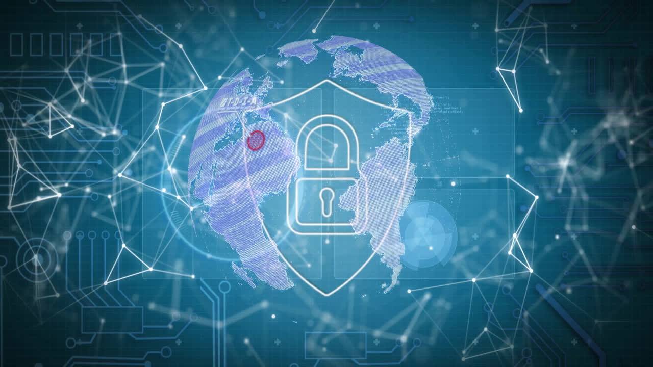 Animation of padlock, connections with icons and digital data processing over globe