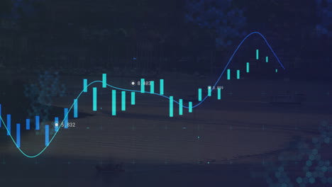 financial chart with candlesticks and line graph animation over beach background