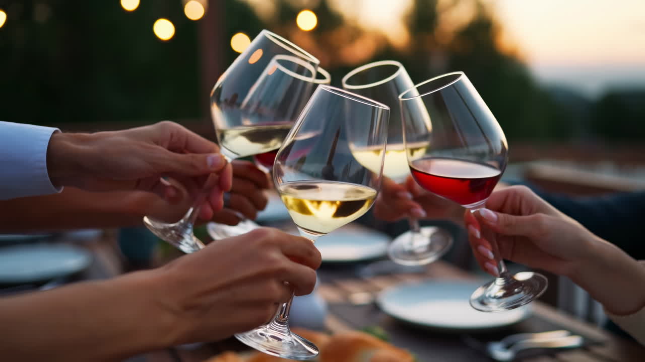 Friends Toasting with Wine Glasses at an Outdoor Evening Dinner Party