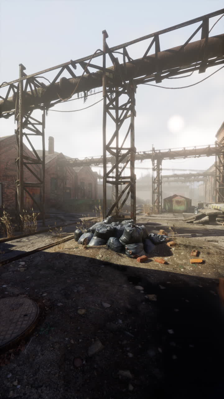 안개가 가득한 산업 지형 에 있는 버려진 공장