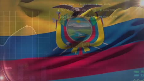 animation of statistical and stock market data processing against waving ecuador flag