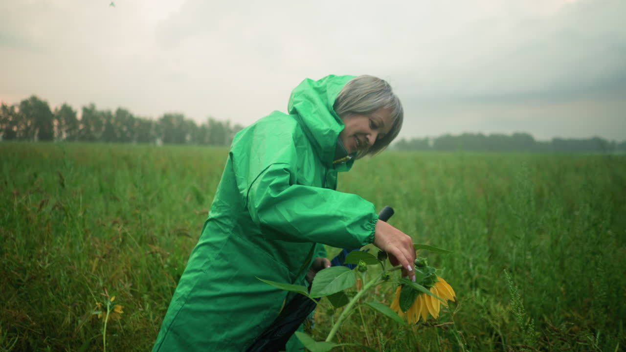 женщина снимает капюшон с плаща, улыбаясь и держа в руках зонтик, наблюдая за подсолнечником с капельками воды в туманном зеленом поле, простирающемся к горизонту, в окружении рассеянных кустарников и облачного неба
