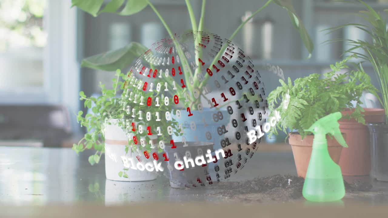 Una sfera blockchain si materializza attorno a un vaso di ceramica, ruotando in senso orario per visualizzare i dati della blockchain.