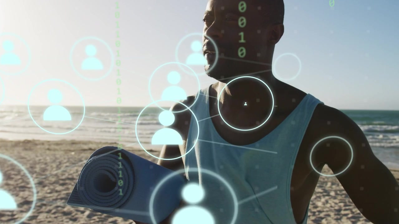 Man arriving shore holding mat, spawning icons and code streams overlapping mat, preparing workout