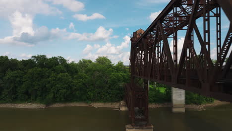 aerial drone view of old railroad track in twin city riverfront park, arkansas usa