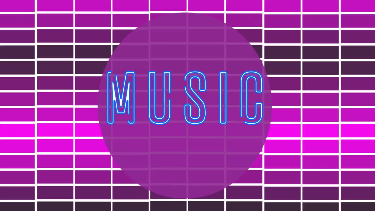 Animazione della scritta 'Music Time' su griglia su sfondo viola