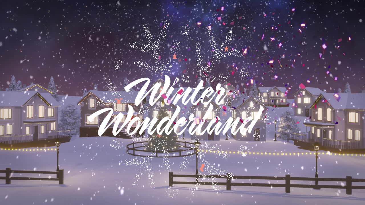 Animation of snowy village with festive lights and snowflakes in winter wonderland