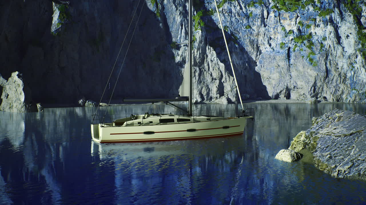 Serene sailboat anchored in tranquil waters of rocky cove at twilight