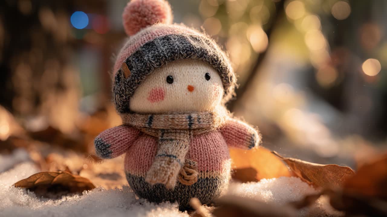 Charming Handmade Snowman Figurine in a Winter Landscape Surrounded by Snow and Autumn Leaves, Capturing the Magic of the Season