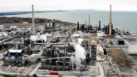 establishing shot of an oil, petroleum, gas refinery.