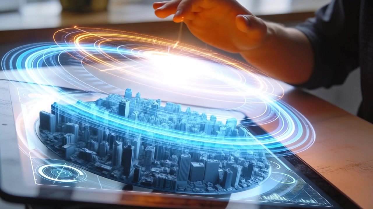Tapping dark-sleeved male hand activating tablet by window, adjusting AR city with rings to rotate