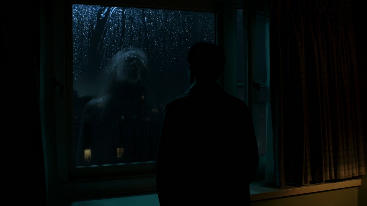 Man At Window Facing Ghost Outside, Dark Motel Room In Heavy Rain Pale Apparition Pressing Against Wet Glass