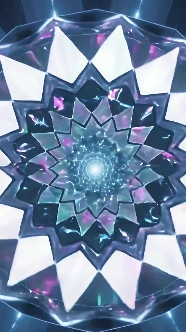 Video verticale: Nucleo pulsante che genera un'esplosione stellare dai bordi al neon, trasformandosi in anelli che si ingrandiscono nel vuoto nero.