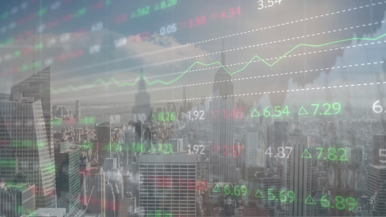 Animation of financial graph and data processing over cityscape