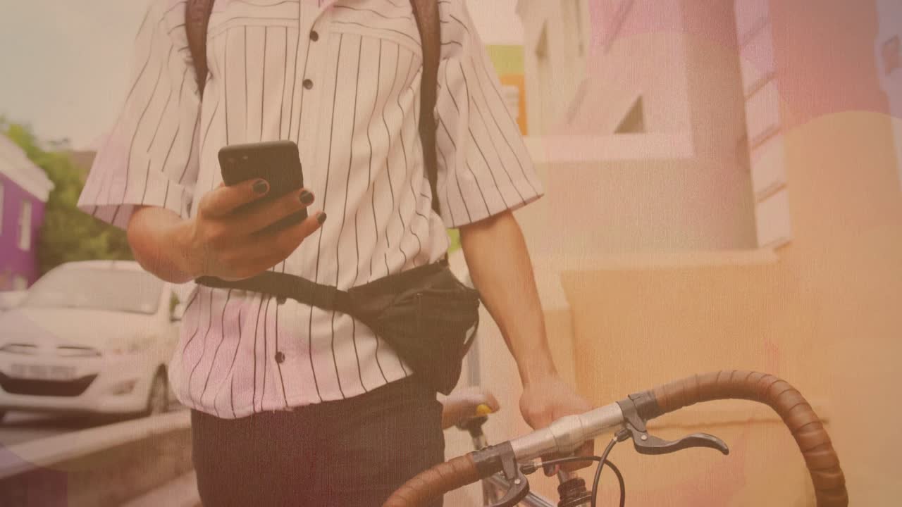 animación de un hombre biracial caminando con una bicicleta