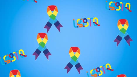 animación de texto lgbtq y cintas de arco iris sobre fondo azul