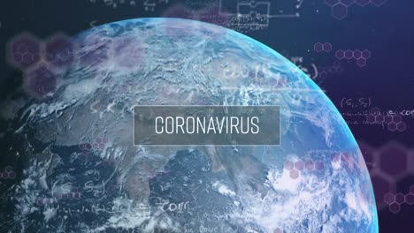 coronavirus text banner over mathematical equations against globe on blue background