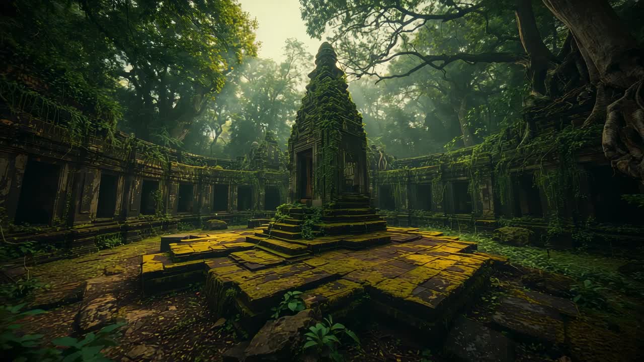 Footage opening on temple ruin, camera dollying over central vine-draped shrine, revealing carvings