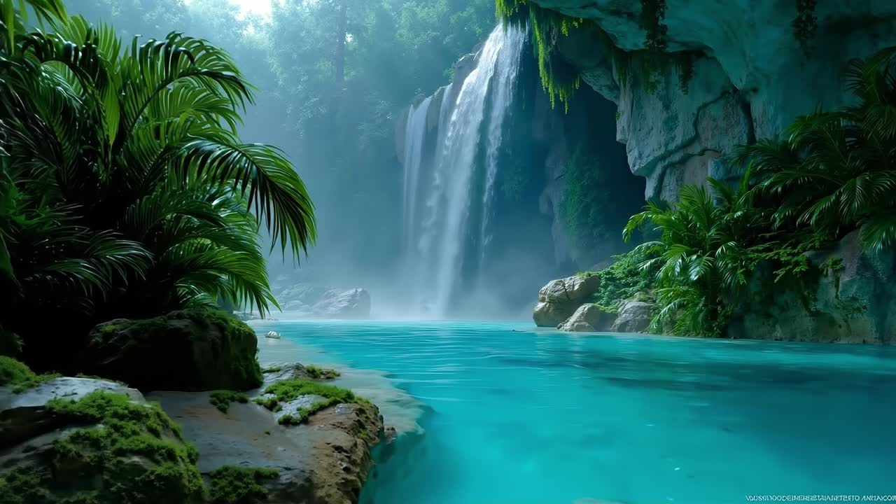 Una cascada en medio de un frondoso bosque verde