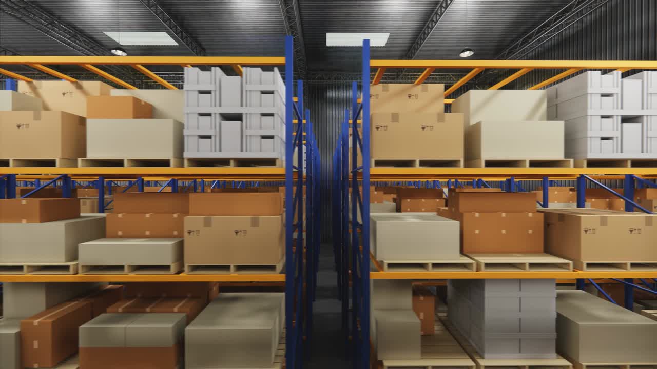 almacén con cajas de cartón en el interior en estantes de paletas, centro logístico. loft almacén moderno. cajas de cardboard en una cinta transportadora en un almacén, animación de renderización 4k 3d.