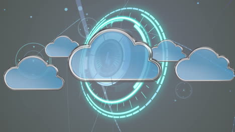 animación del escaneo del alcance con cuenta atrás en nubes digitales y red de conexiones