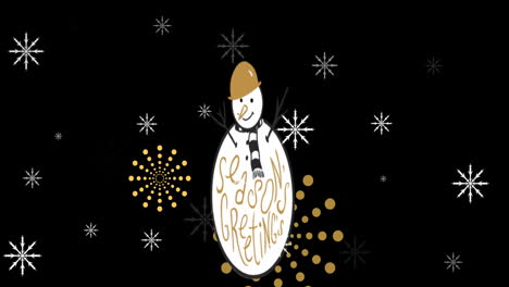 Animation-of-snowman-with-seasons-greetings-text-over-snowflakes-on-black-background-at-christmas