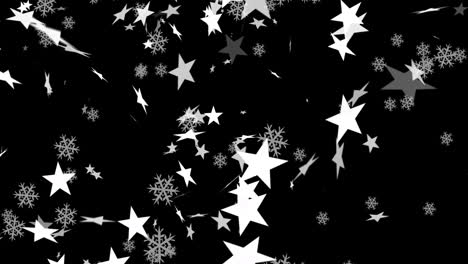 animación digital de múltiples estrellas y iconos de copos de nieve flotando contra un fondo rojo