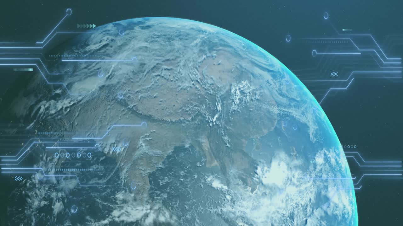 파란색 배경에 회전하는 지구 위의 마이크로프로세서 연결의 애니메이션