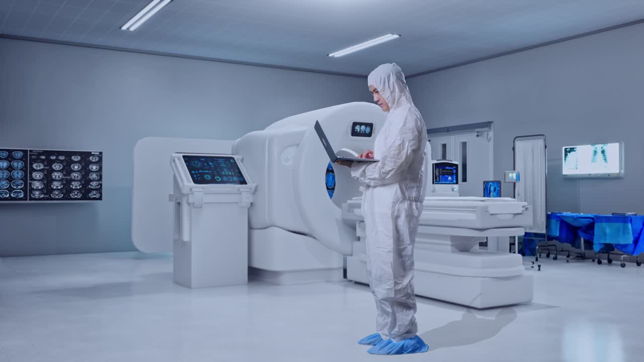 Full Body Side View Of Asian Male Scientist Typing On A Laptop With MRI Machine In The Hospital