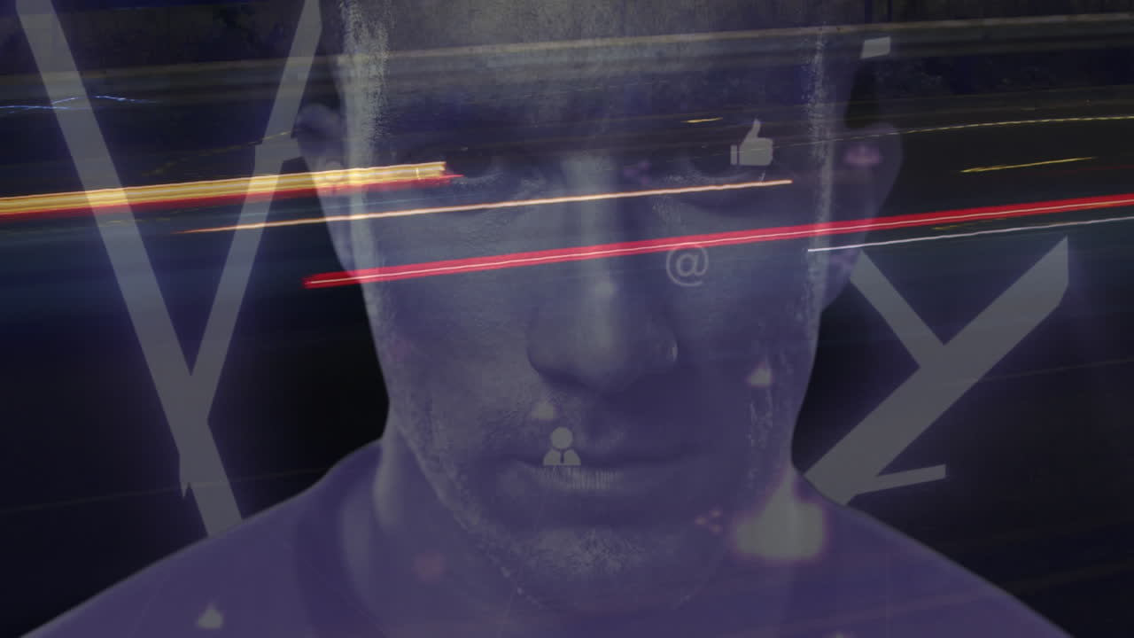 iconos digitales flotando contra el retrato del hombre