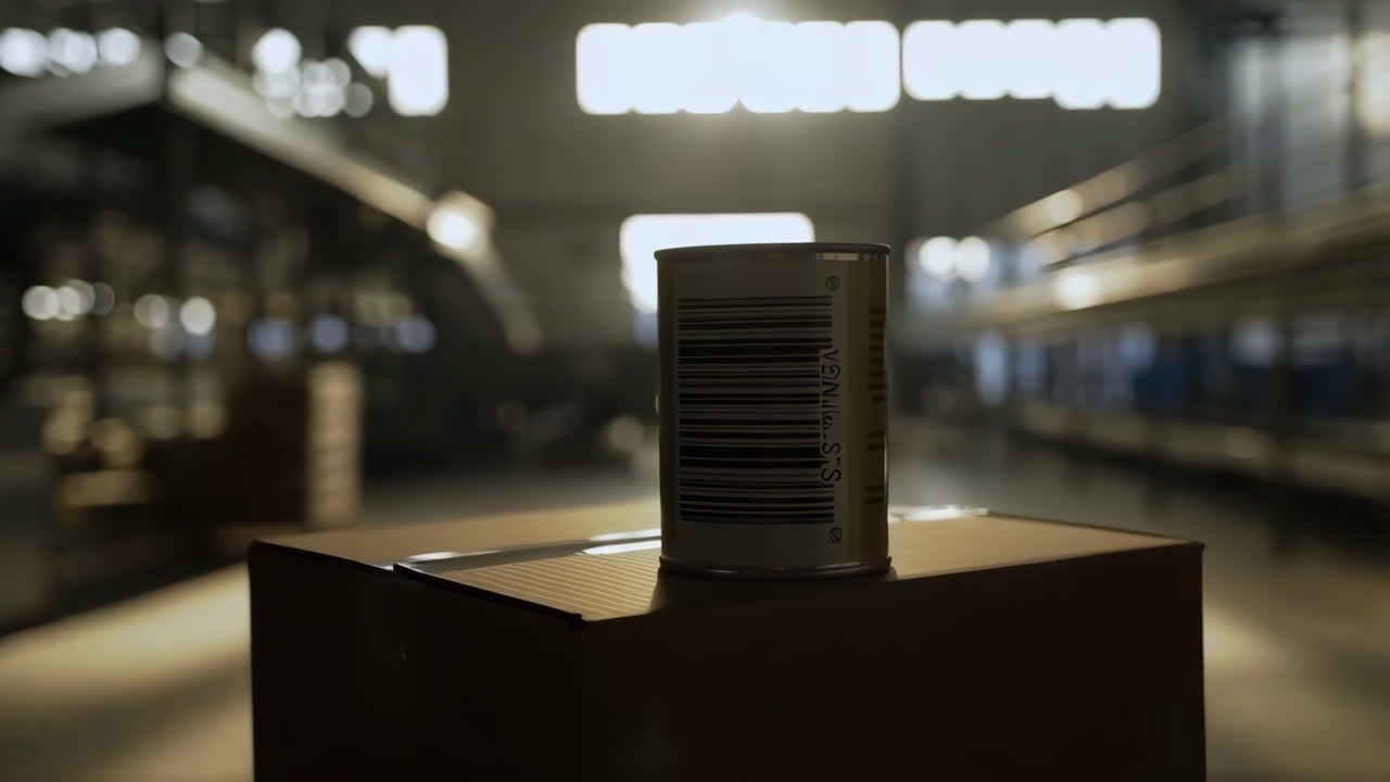 A metal can with a barcode on a cardboard box in a warehouse setting