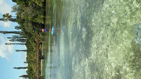 Woman-on-a-paddle-board-in-a-cove-on-the-Isle-of-Pines-New-Caledonia---vertical-aerial