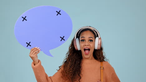 speech bubble, pointing and woman with headphones