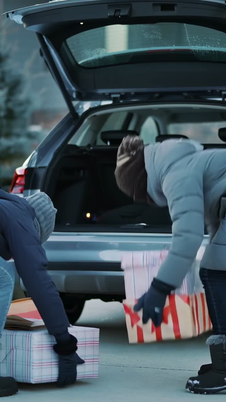 Vertical video: Opening trunk three adults in parkas loading presents in driveway, for delivery