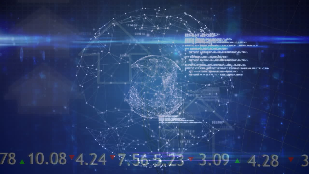 Animation of globe with network of connections and data processing