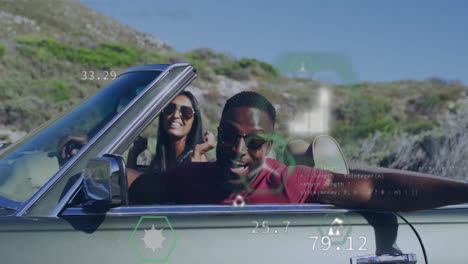 animación de iconos ecológicos sobre una pareja feliz y diversa en un coche