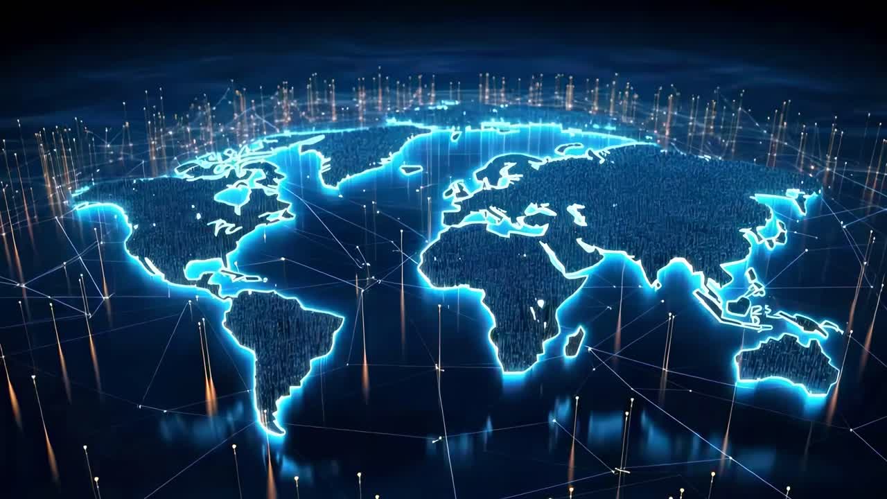 Futuristic video concept of global digital connections. Top-down angle shows a glowing world map