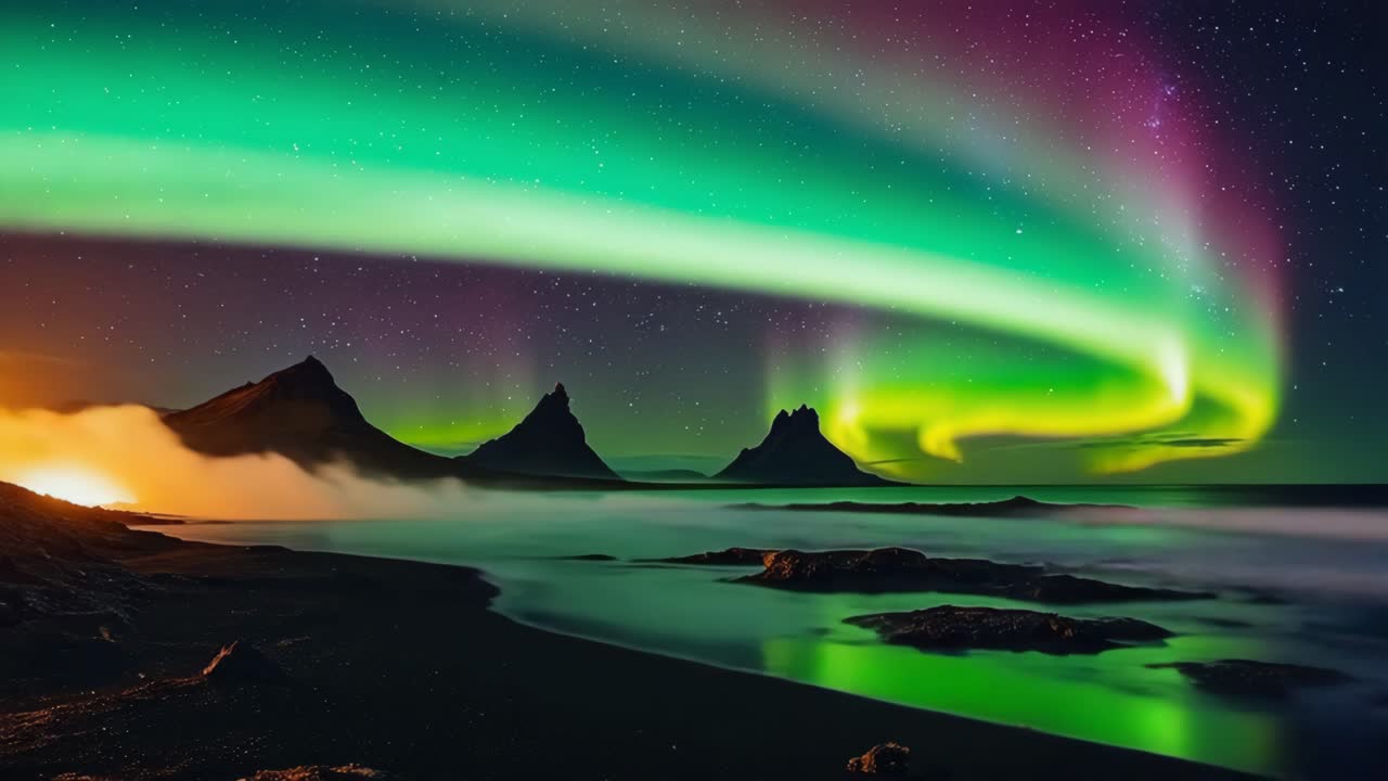 Spectacular Aurora Borealis over Icelandic Coastline