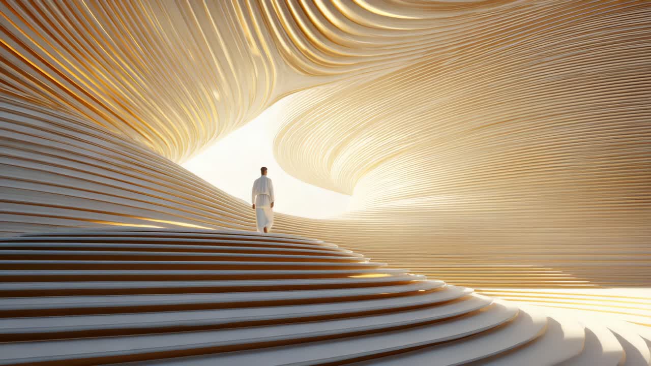 A lone figure walks through a mesmerizing wave-like landscape, with undulating curves and radiant light creating a surreal, ethereal atmosphere that inspires awe and reflection