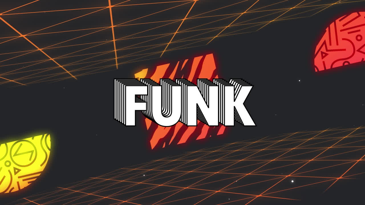 animación de texto funk sobre formas coloridas y cuadrícula naranja