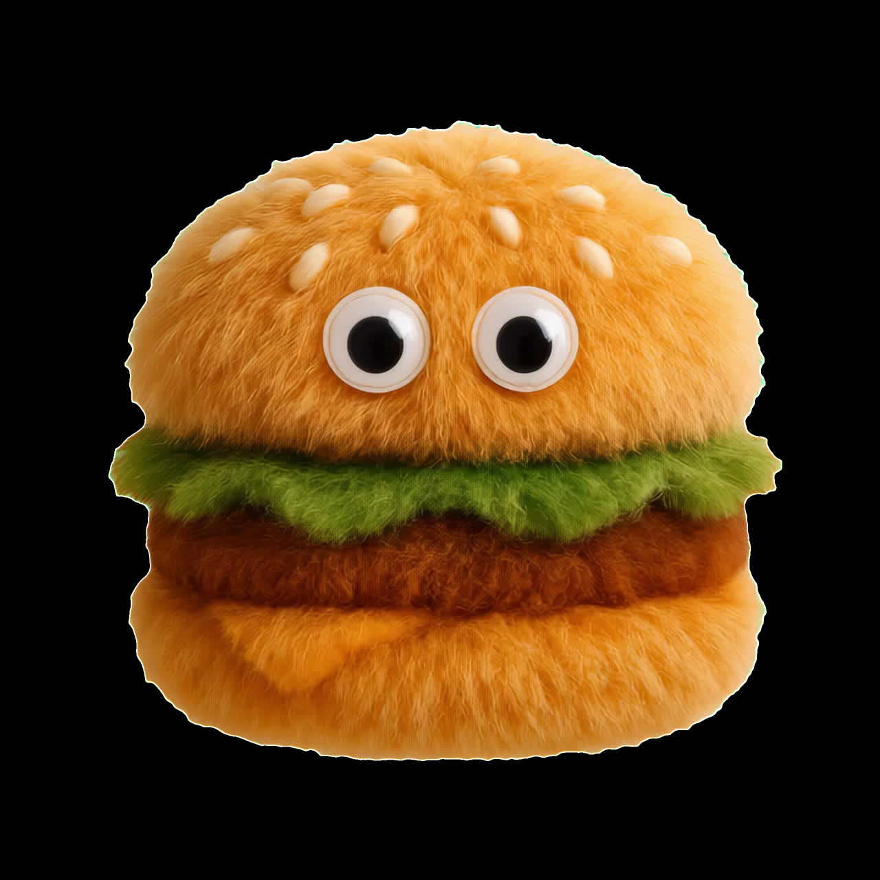 Fuzzy burger toy with eyes animation isolated asset, transparent 4K video, alpha channel, ProRes