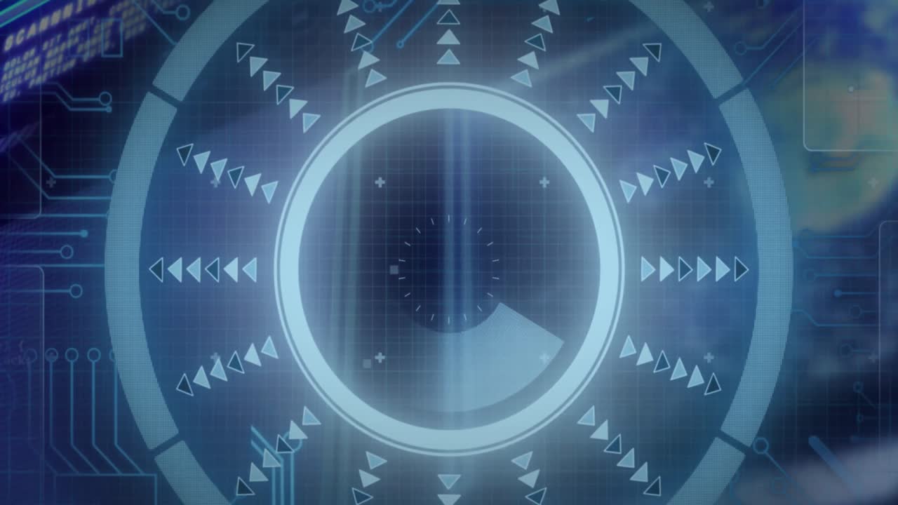 animación del escáner redondo sobre la interfaz con procesamiento de datos contra un fondo azul.