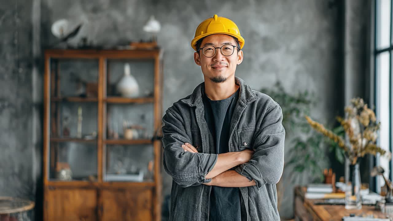 Confident Construction Worker in Casual Attire and Safety Helmet Posing with Arms Crossed in Modern Office Interior Setting